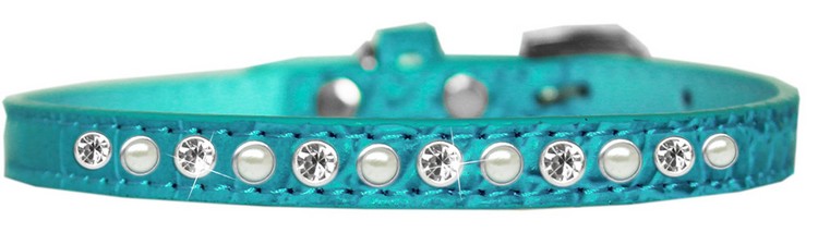 Pearl and Clear Jewel Croc Dog Collar Turquoise Size 12